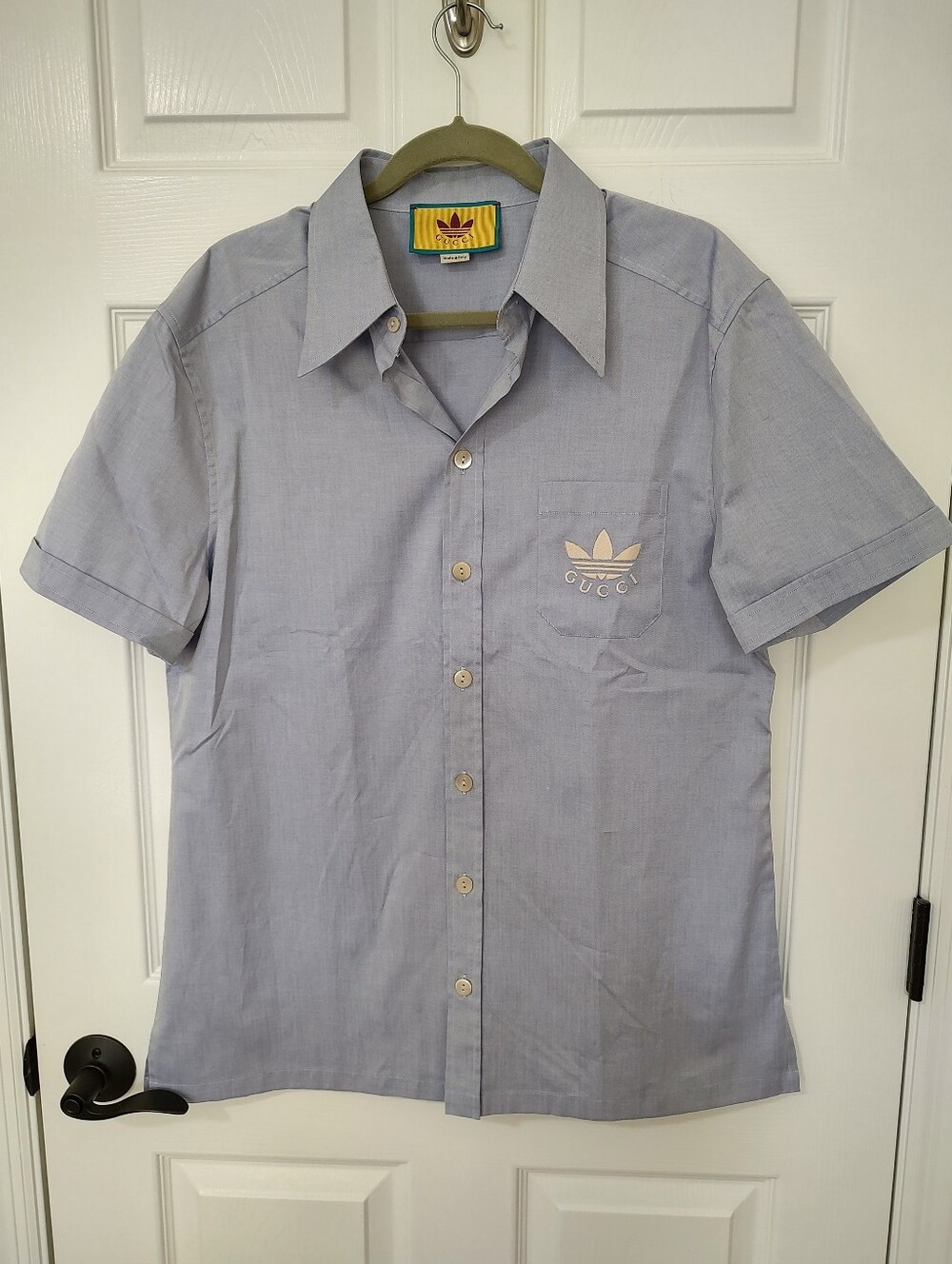Gucci X Adidas Logo Short Sleeve Blue Cotton Button Down Shirt EU 54 US XXL